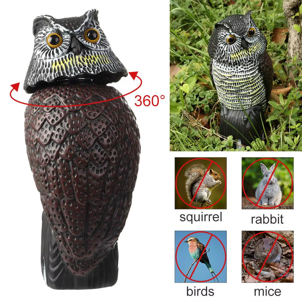 Realistic Fake Owl Decoy with Rotating Head for Garden Yard Outdoor Bird Deterrent Owl Sculpture Birds Repellent Pest Control