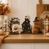 The Boo Crew Halloween resin decor set on a kitchen counter, shown with dimension markers (15cm/5.9in) for each piece.