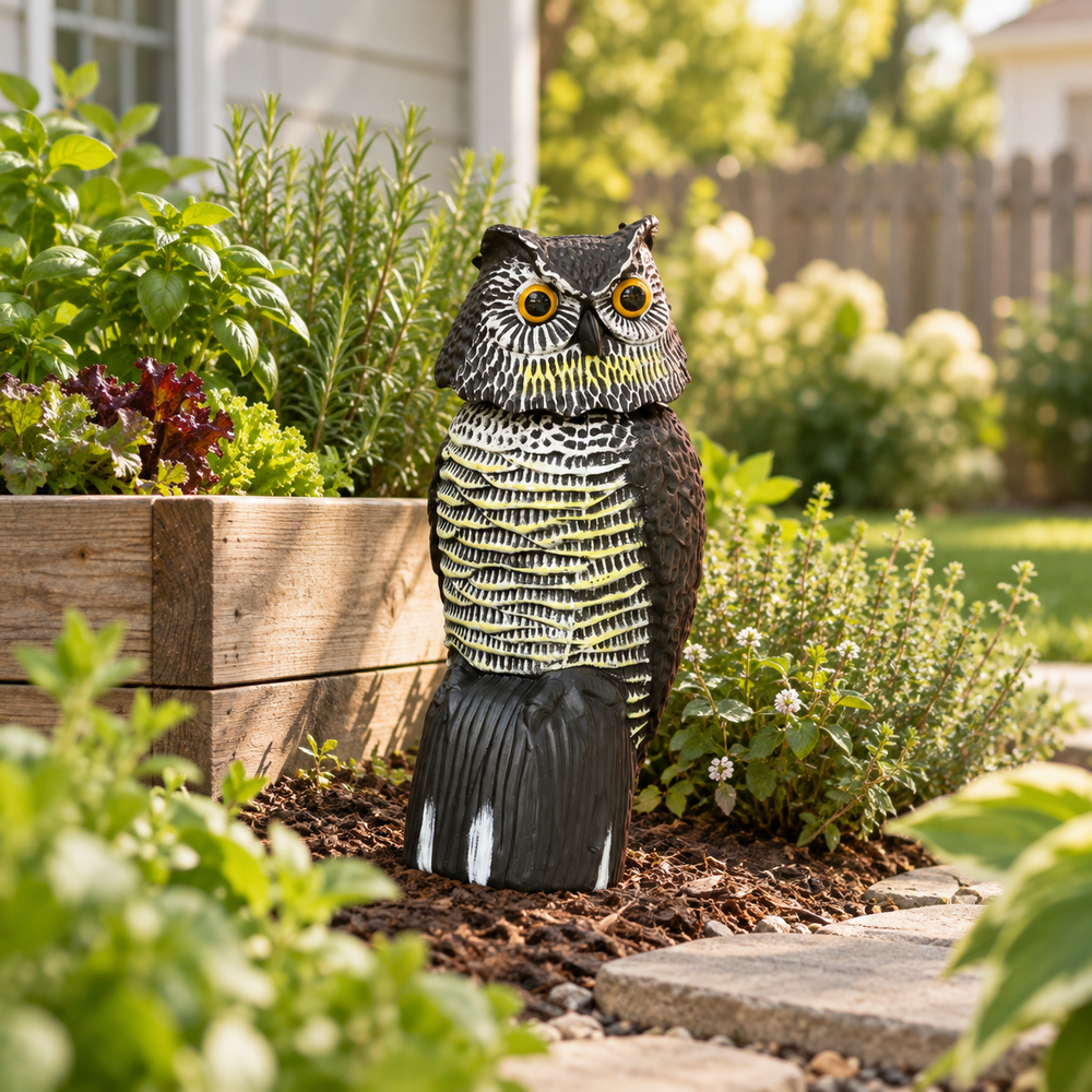 Realistic owl decoy standing in a blooming backyard garden